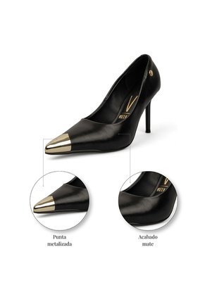 Stiletto Negro Tacón Alto Mate Con Puntera Dorada Vizzano