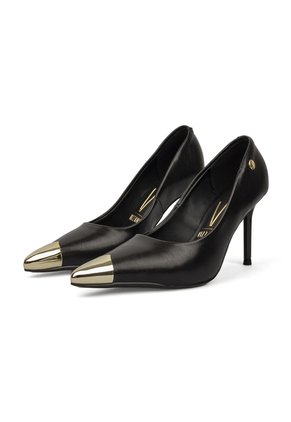 Stiletto Negro Tacón Alto Mate Con Puntera Dorada Vizzano