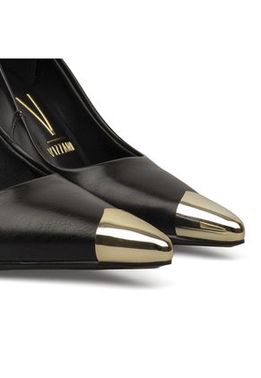 Stiletto Negro Tacón Alto Mate Con Puntera Dorada Vizzano