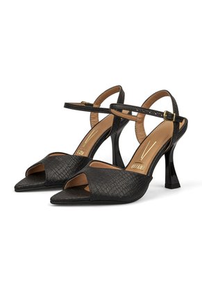 Sandalia Tacón Alto Negro Mate Con Acabado Craquelado Vizzano