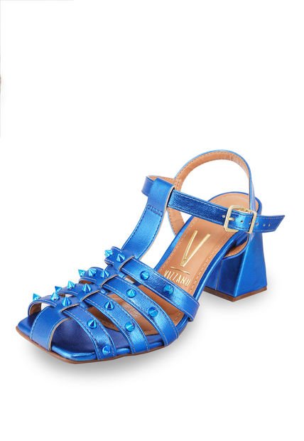 Sandalia Tacón Medio Metalizado Azul Vizzano