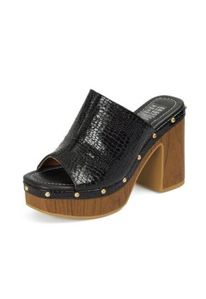 Sandalia Tacon Alto Cuadrado Mule Plataforma Negro Croco Vizzano