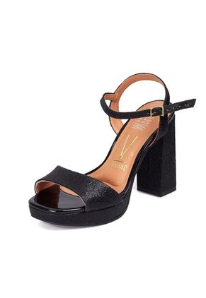 Sandalia Tacon Alto Cuadrado Plataforma Negro Metalico Vizzano
