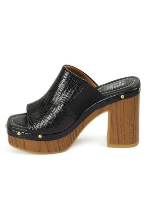 Sandalia Tacon Alto Cuadrado Mule Plataforma Negro Croco Vizzano