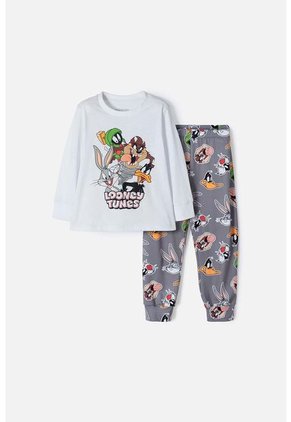 Pijama De Los Looney Tunes Blanca Y Gris Manga Larga Para Niño 2T A 5T 2T