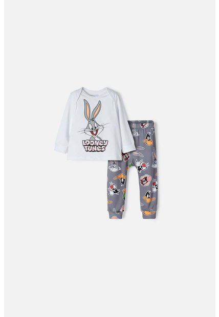 Pijama De Los Looney Tunes Blanca Y Gris Manga Larga Para Bebé Niño 12-18