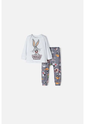 Pijama De Los Looney Tunes Blanca Y Gris Manga Larga Para Bebé Niño 6-9 WARNER BROS