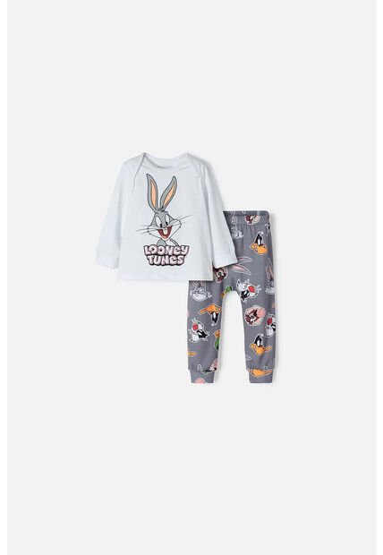 Pijama De Los Looney Tunes Blanca Y Gris Manga Larga Para Bebé Niño 6-9