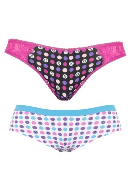 Juego de Cachetero y Tanga Xoxo Blanco-Azul y Negro-Fucsia